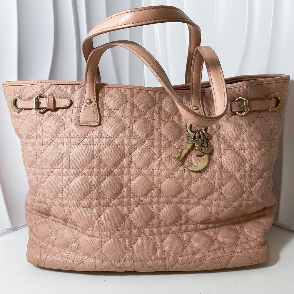 DIOR Lady Dior Tote Bag Blush Pink Cannage Quilted Canvas Gold Hardware - Picture 1 of 12